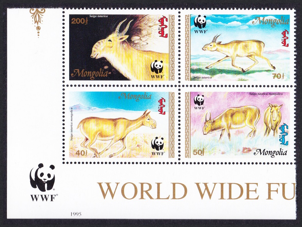 Mongolia WWF Saiga SW Block of 4 WWF Logo 1995 MNH SG#2497-2500 MI#2562-2565 Sc#2209-2212