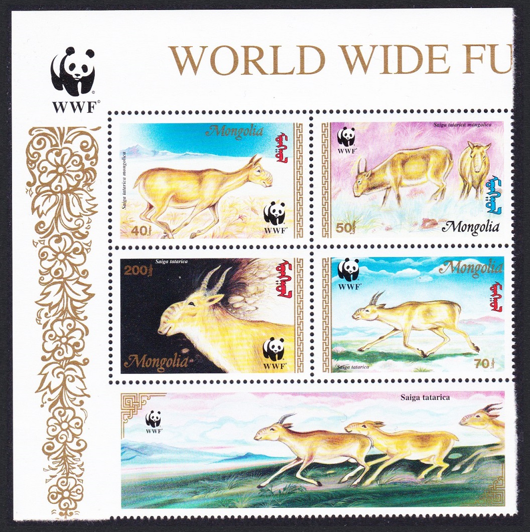 Mongolia WWF Saiga T1 Block of 4 WWF Logo 1995 MNH SG#2497-2500 MI#2562-2565 Sc#2209-2212