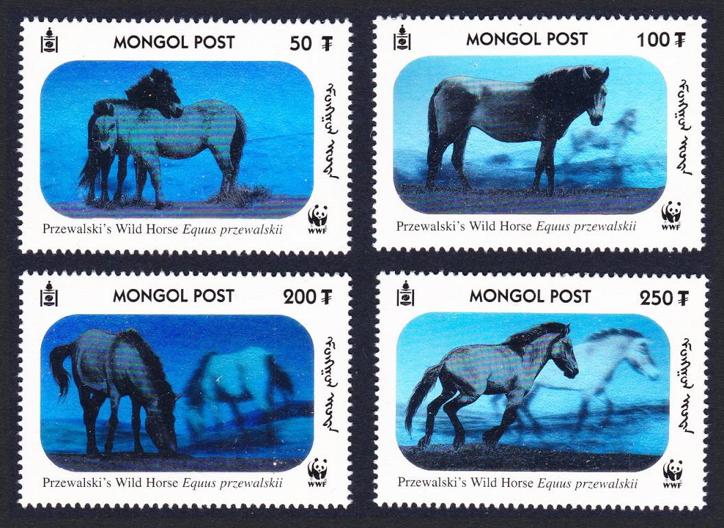 Mongolia WWF Przewalski&#39;s Horse 4 Hologram stamps 2000 MNH SG#2857-2860 MI#3126-3129 Sc#2441 a-d