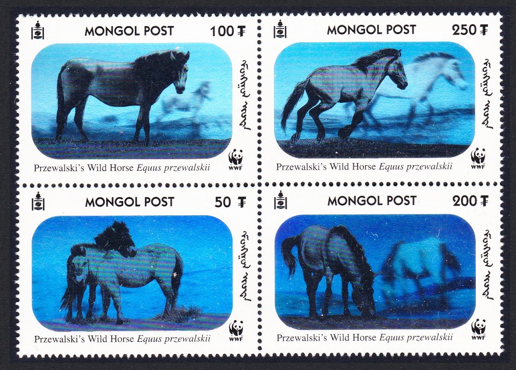 Mongolia WWF Przewalski&#39;s Horse 4 Hologram stamps Block of 4 2000 MNH SG#2857-2860 MI#3126-3129 Sc#2441 a-d