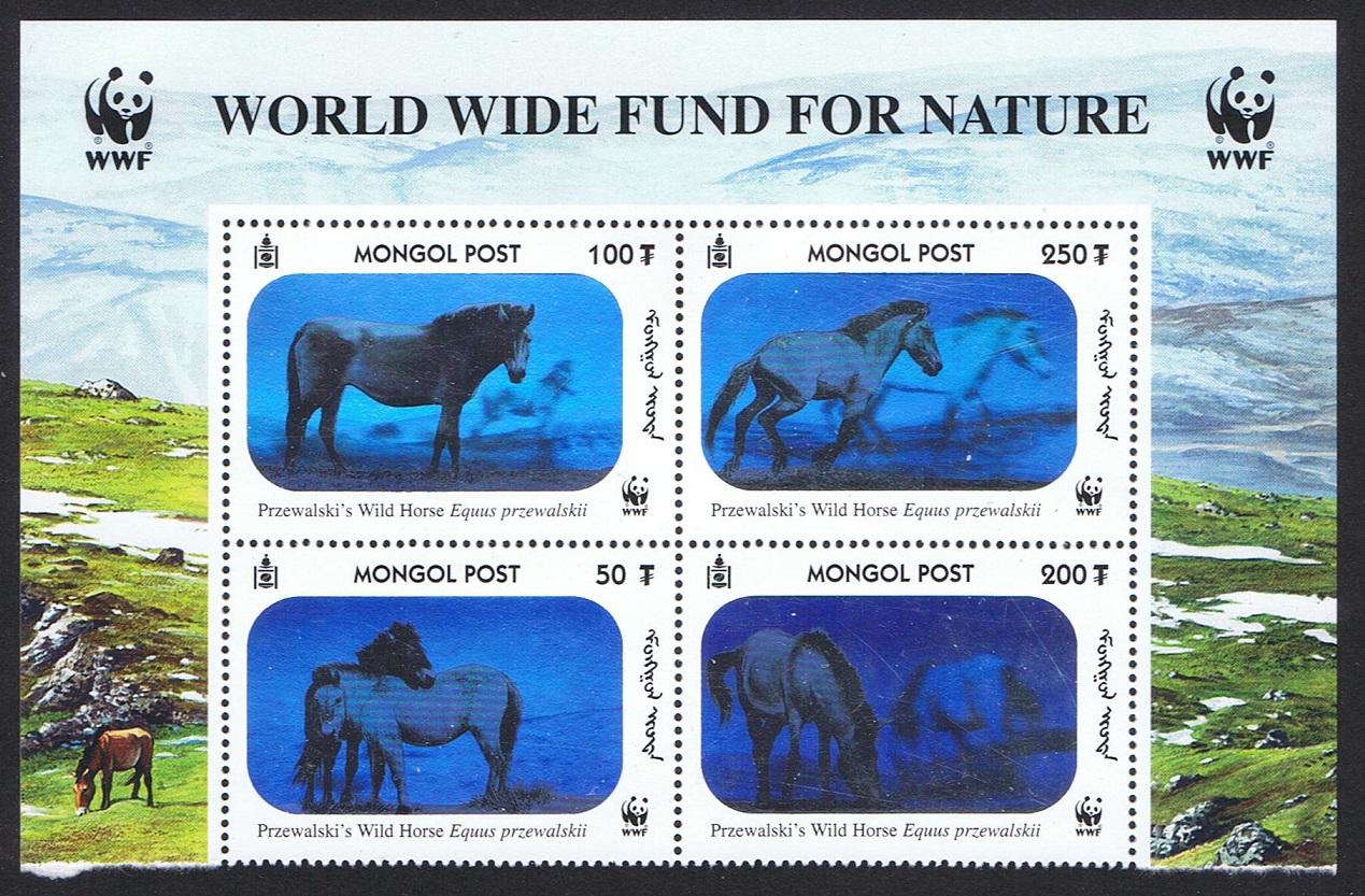 Mongolia WWF Przewalski&#39;s Horse Block of 4 WWF Logo 2000 MNH SG#2857-2860 MI#3126-3129 Sc#2441 a-d