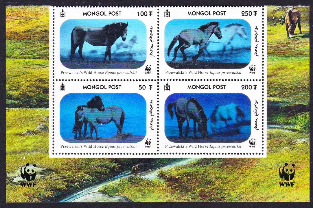 Mongolia WWF Przewalski&#39;s Horse Block of 4 WWF Logo T2 2000 MNH SG#2857-2860 MI#3126-3129 Sc#2441 a-d