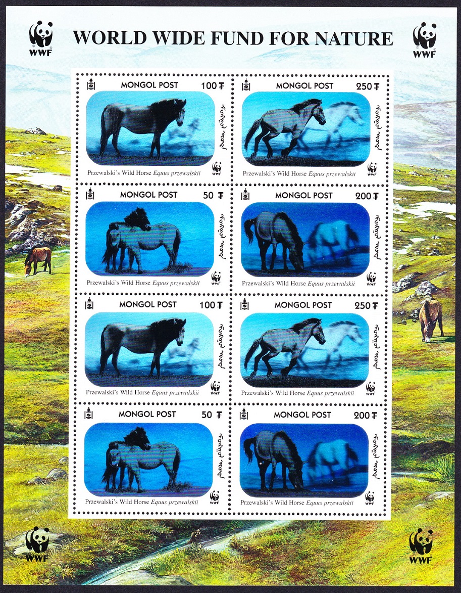 Mongolia WWF Przewalski&#39;s Horse Hologram Sheetlet of 2 sets 2000 MNH SG#2857-2860 MI#3126-3129 Sc#2441 a-d