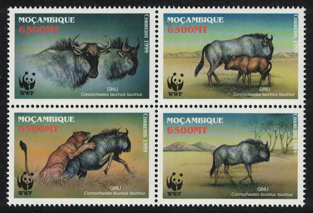 Mozambique WWF Blue Wildebeest 4v Block of 4 2000 MNH SG#1542-1545 MI#1757-1760 Sc#1377 a-d