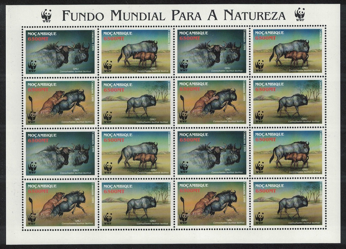 Mozambique WWF Blue Wildebeest Sheetlet of 4 sets 2000 MNH SG#1542-1545 MI#1757-1760 Sc#1377 a-d