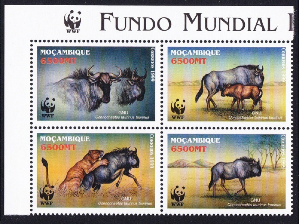 Mozambique WWF Blue Wildebeest block 2*2 WWF Logo 2000 MNH SG#1542-1545 MI#1757-1760 Sc#1377 a-d