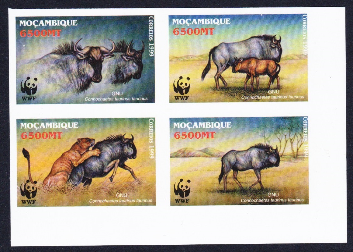 Mozambique WWF Blue Wildebeest Imperf Block of 4 WWF 2000 MNH SG#1542-1545 MI#1757-1760 Sc#1377 a-d