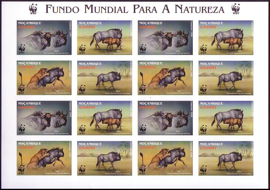 Mozambique WWF Blue Wildebeest Imperf Sheetlet of 4 sets 2000 MNH SG#1542-1545 MI#1757-1760 Sc#1377 a-d