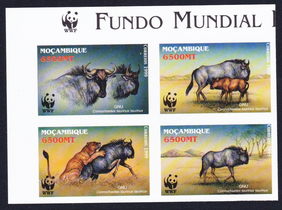 Mozambique WWF Blue Wildebeest T1 Imperf Block of 4 WWF Logo 2000 MNH SG#1542-1545 MI#1757-1760 Sc#1377 a-d