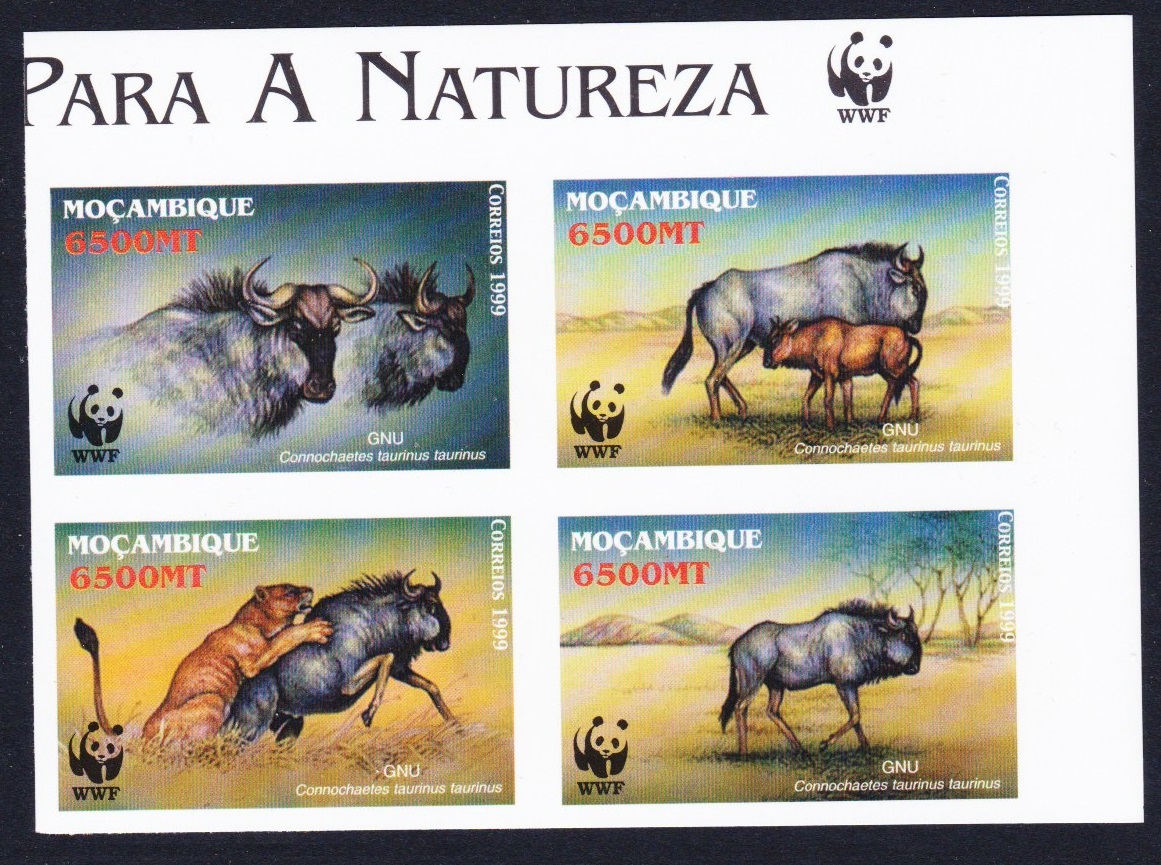 Mozambique WWF Blue Wildebeest T2 Imperf Block of 4 WWF Logo 2000 MNH SG#1542-1545 MI#1757-1760 Sc#1377 a-d