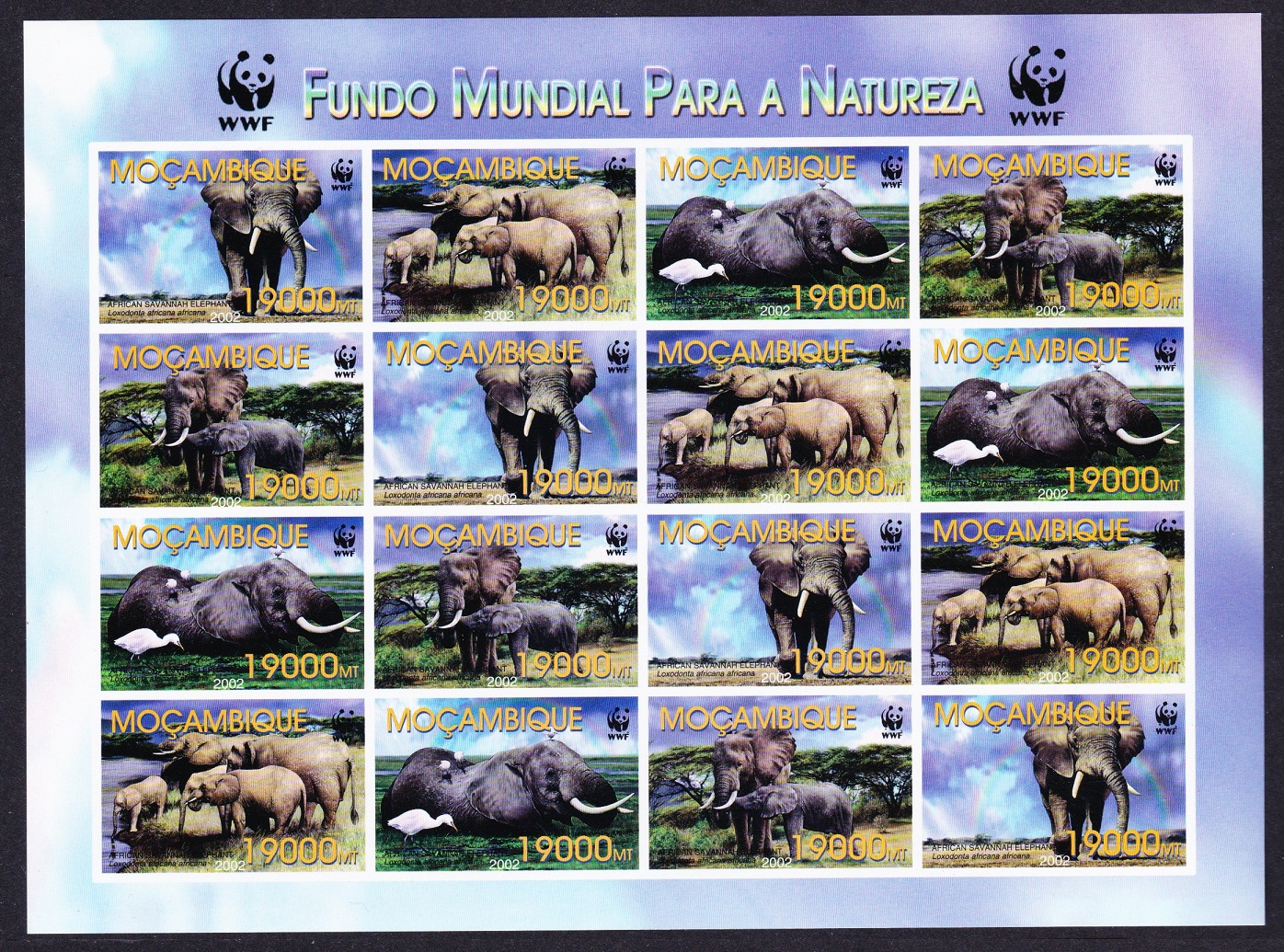 Mozambique WWF Savannah Elephant Birds Ibises Imperf Sheetlet of 4 sets 2002 MNH SG#1641-1644 MI#2393-2396 Sc#1587 a-d