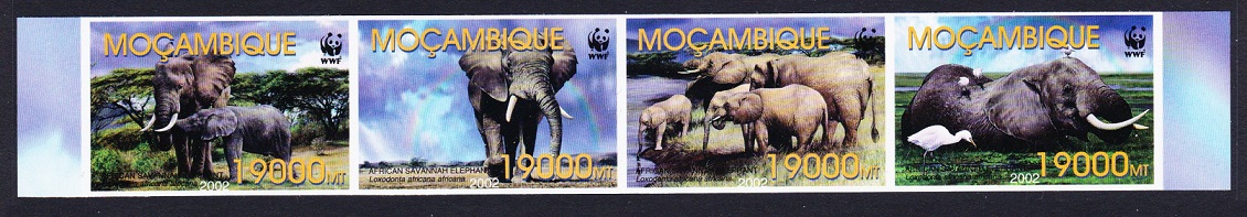 Mozambique WWF Savannah Elephant Birds Ibises Imperf strip of 4v 2002 MNH SG#1641-1644 MI#2393-2396 Sc#1587 a-d