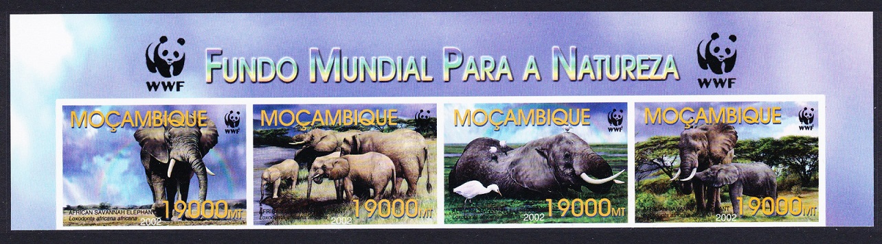 Mozambique WWF Savannah Elephant Birds Ibises Top Imperf strip of 4v 2002 MNH SG#1641-1644 MI#2393-2396 Sc#1587 a-d