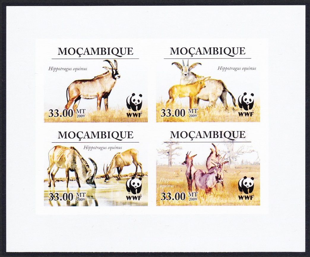 Mozambique WWF Roan Antelope Imperf Block of 4 2010 MNH MI#3658-3661 Sc#1930