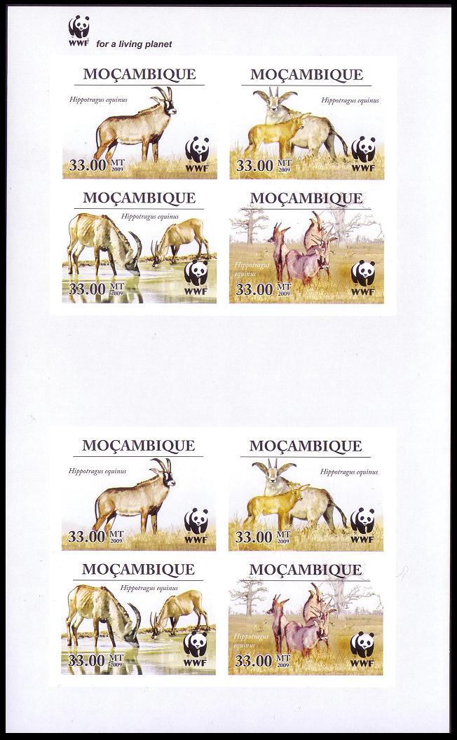 Mozambique WWF Roan Antelope Imperf Sheetlet of 2 sets 2010 MNH MI#3658-3661 Sc#1930