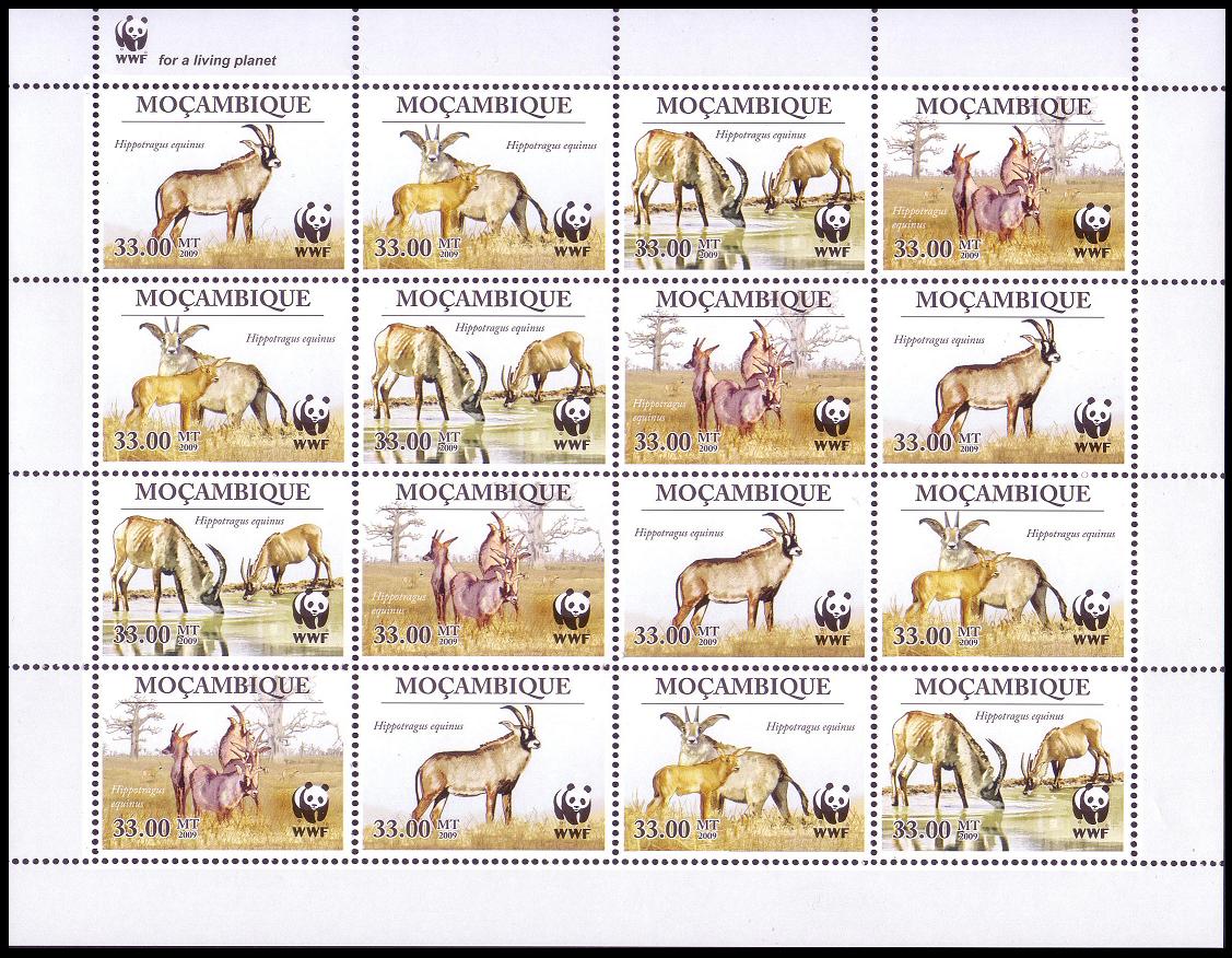 Mozambique WWF Roan Antelope Sheetlet of 4 sets 2010 MNH MI#3658-3661 Sc#1930