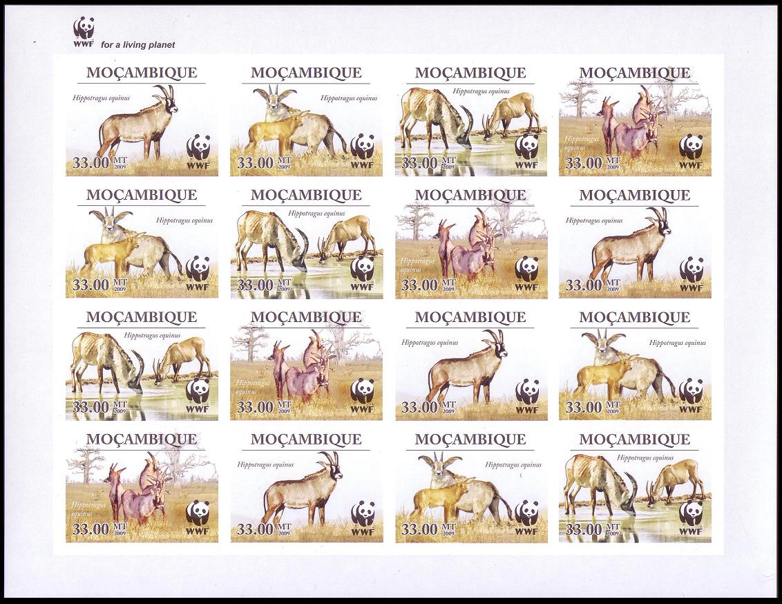 Mozambique WWF Roan Antelope Imperf Sheetlet of 4 sets 2010 MNH MI#3658-3661 Sc#1930