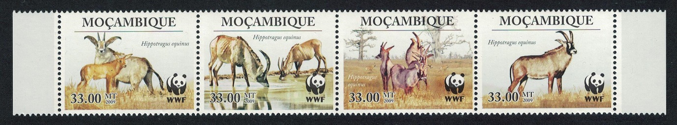 Mozambique WWF Roan Antelope Strip of 4v 2010 MNH MI#3658-3661 Sc#1930