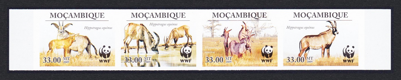 Mozambique WWF Roan Antelope Imperf strip of 4v 2010 MNH MI#3658-3661 Sc#1930