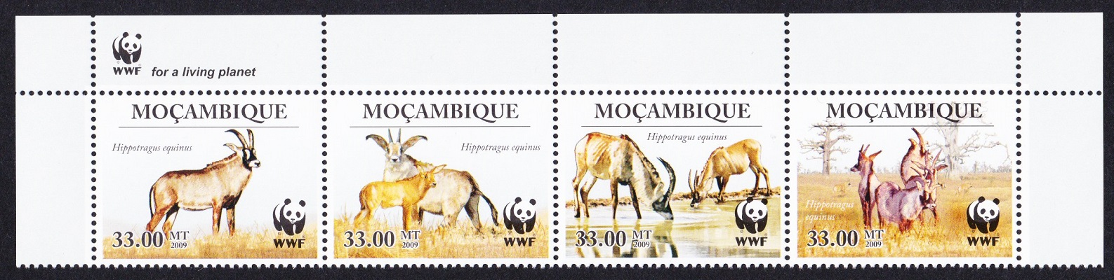 Mozambique WWF Roan Antelope Strip of 4v WWF Logo 2010 MNH MI#3658-3661 Sc#1930