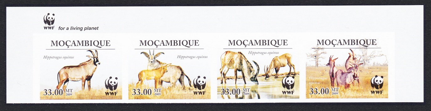 Mozambique WWF Roan Antelope Top Imperf strip of 4v WWF Logo 2010 MNH MI#3658-3661 Sc#1930