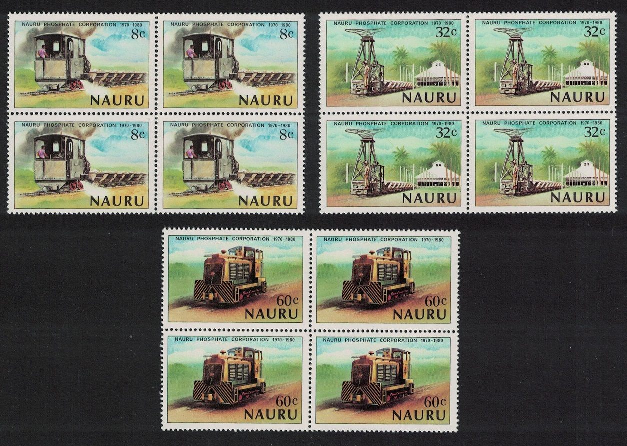 Nauru Railway Locomotives Phosphate Corporation Minerals 3v Blocks of 4 1980 MNH SG#224-226