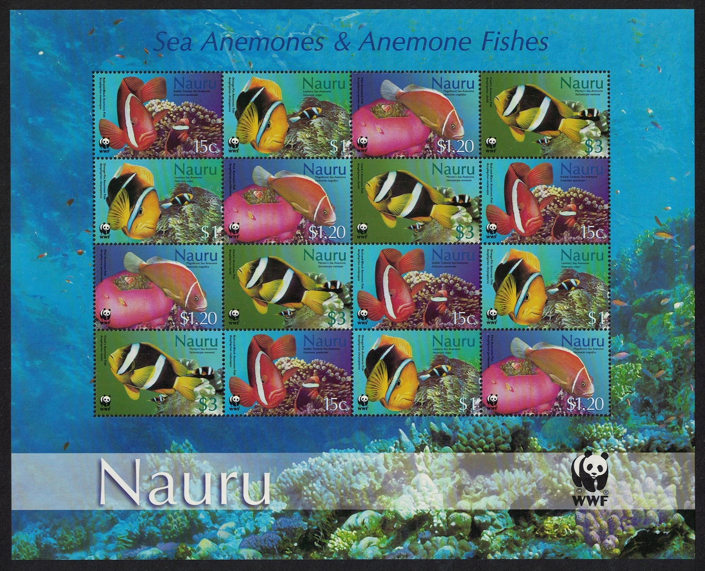 Nauru WWF Anemones Anemonefish Fish Sheetlet of 4 sets 2003 MNH SG#566-569 MI#553-556 Sc#514-517