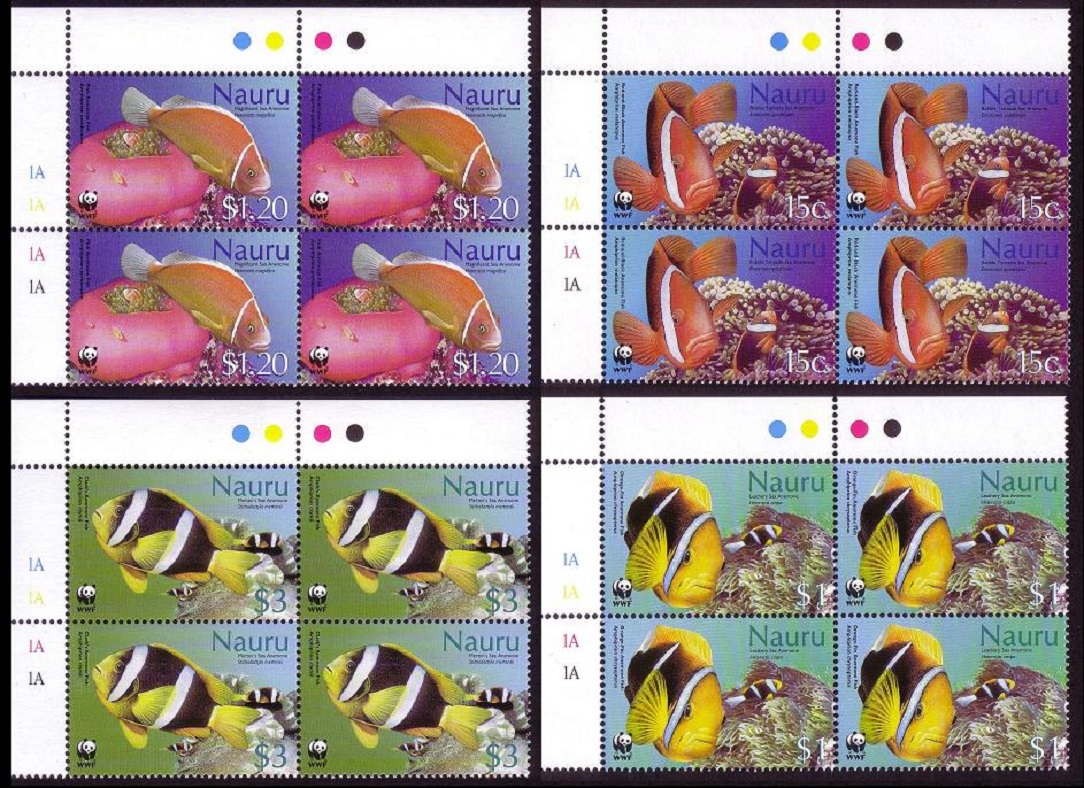 Nauru WWF Anemones Anemonefish Fish 4 Corner Blocks with margins 2003 MNH SG#566-569 MI#553-556 Sc#514-517