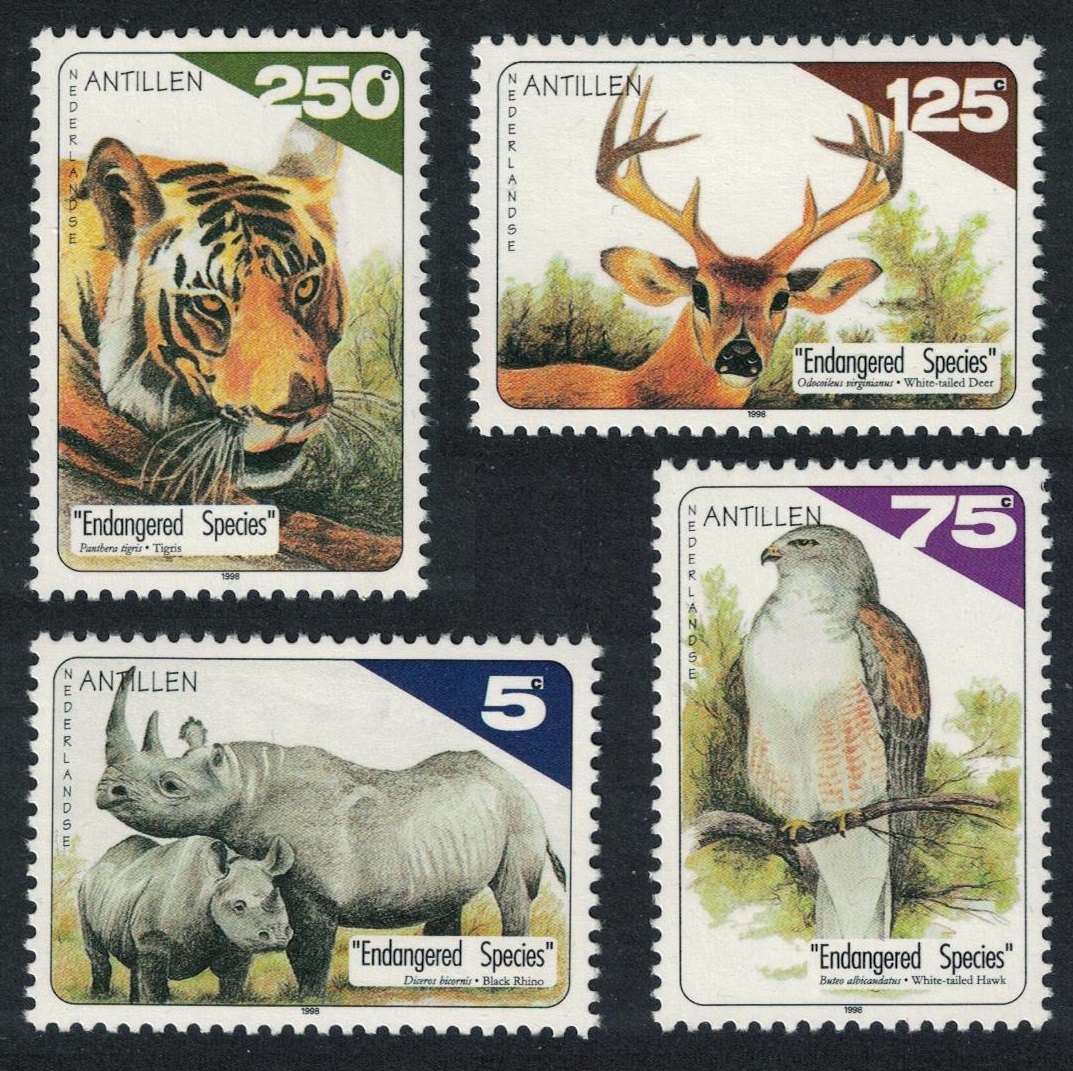 Netherlands Antilles Hawk Bird Rhino Tiger Deer Endangered Species 4v 1998 MNH SG#1298-1301 MI#974-977 Sc#848-851