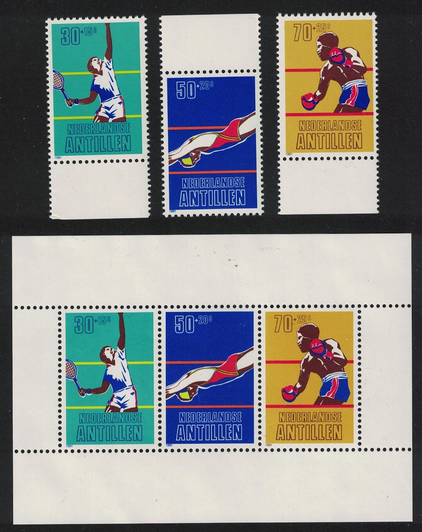 Netherlands Antilles Tennis Boxing Swimming 3v+MS 1981 MNH SG#751-MS754