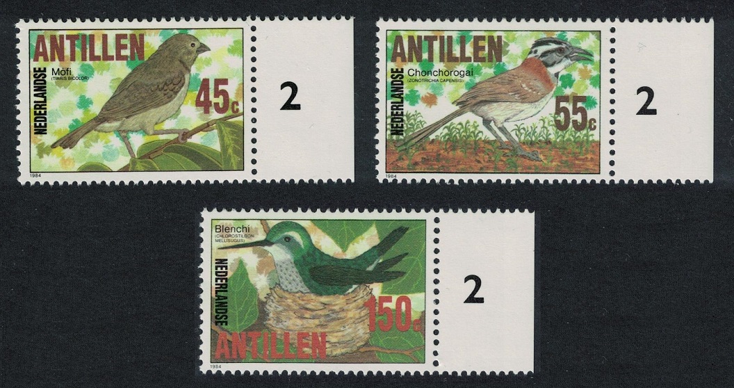 Netherlands Antilles Grassquit Sparrow Emerald Birds 3v Numbered Margins 1984 MNH SG#863-865