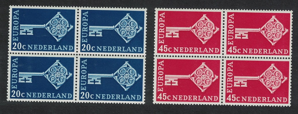 Netherlands Key with CEPT in handle Europa 2v Blocks of 4 1968 MNH SG#1055-1056