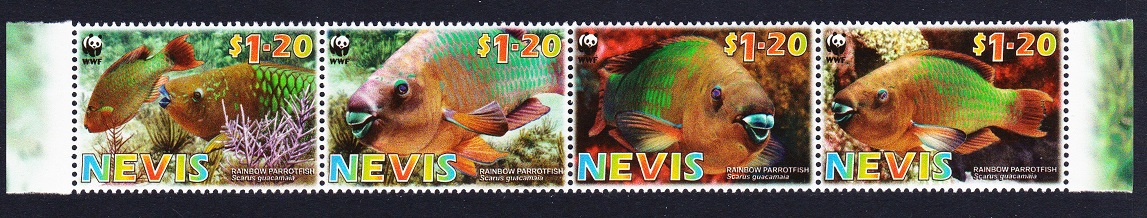 Nevis WWF Rainbow Parrotfish Strip of 4v 2007 MNH SG#2015-2018 MI#2208-2211 Sc#1510a-d