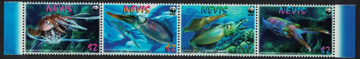 Nevis WWF Caribbean Reef Squid Strip of 4v 2009 MNH SG#2155-2158 MI#2380-2383 Sc#2380-2383