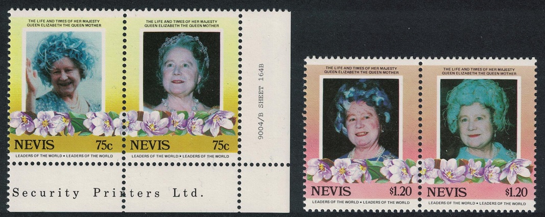 Nevis Life and Times of the Queen Mother 2 pairs 1985 MNH SG#309=316