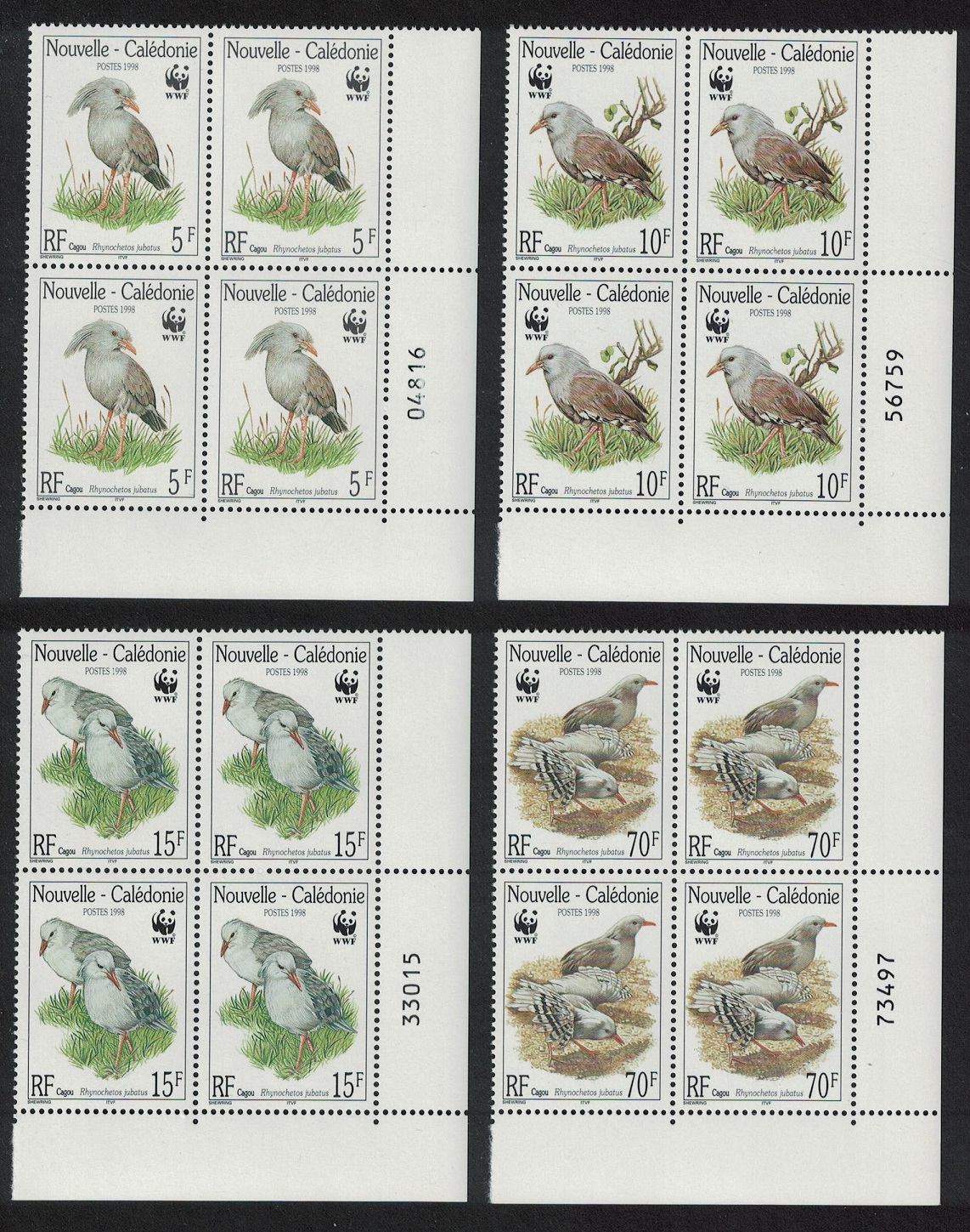 New Caledonia Birds WWF Kagu Corner Blocks of 4 Control Numbers 1998 MNH SG#1150-1153 MI#1144-1147 Sc#798-801