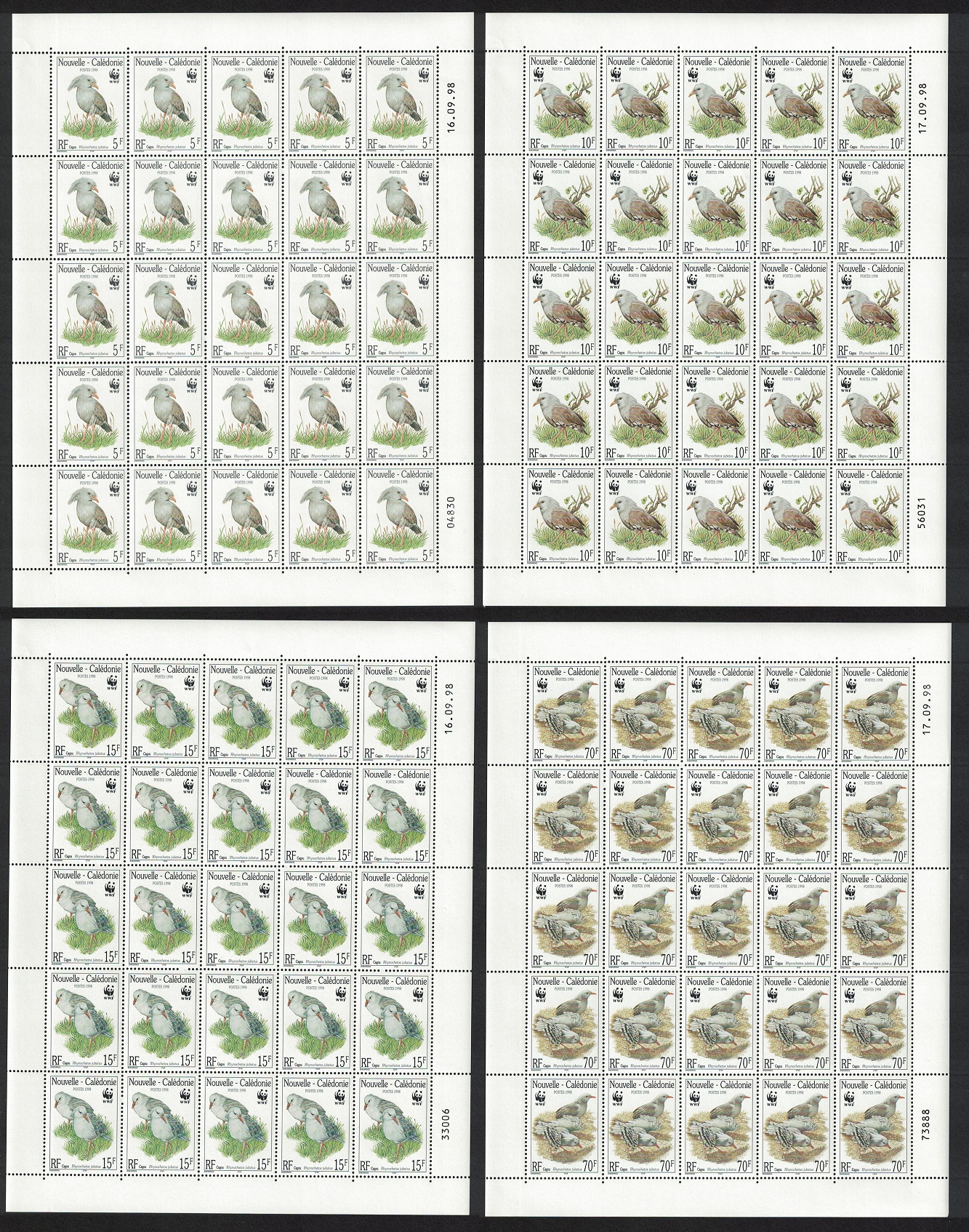 New Caledonia Birds WWF Kagu 4 Full Sheets 1998 MNH SG#1150-1153 MI#1144-1147 Sc#798-801