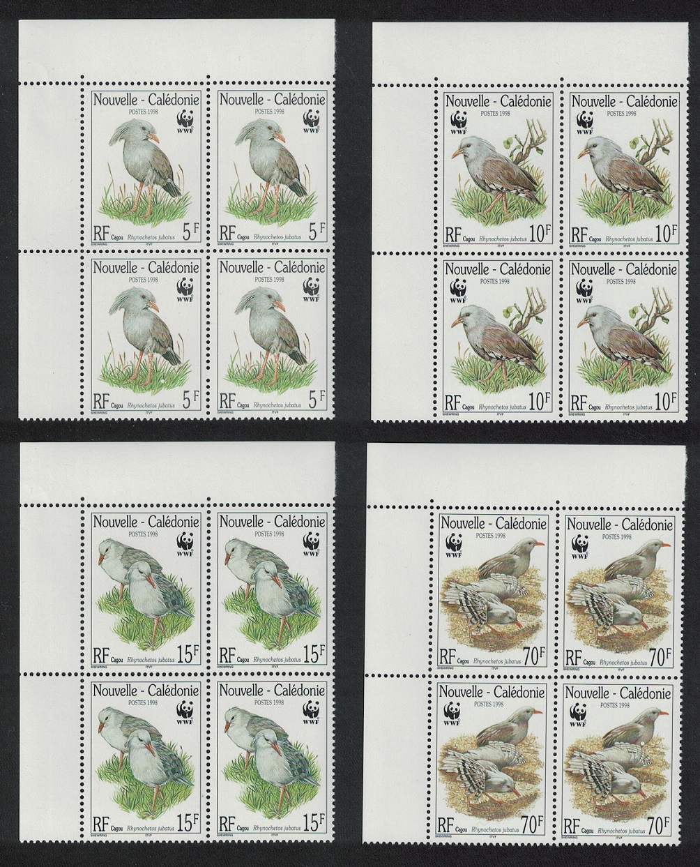 New Caledonia Birds WWF Kagu 4 Corner Blocks of 4 1998 MNH SG#1150-1153 MI#1144-1147 Sc#798-801