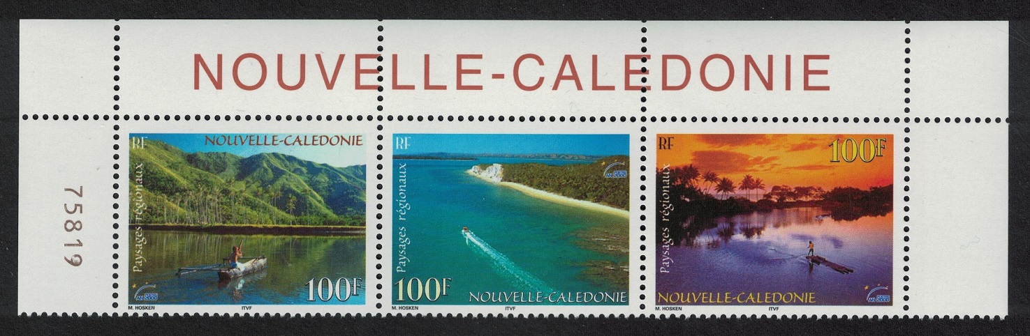 New Caledonia Canoe Speedboat Raft Regional Landscapes 3v Top strip Number 2000 MNH SG#1215-1217 MI#1219-1221