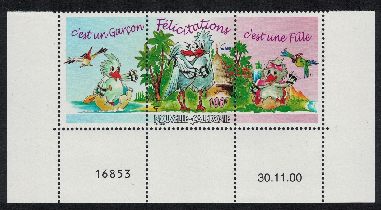 New Caledonia Kagu Birds Greetings Stamp 100f + 2 labels Strip Date number 2000 MNH SG#1222 MI#1126