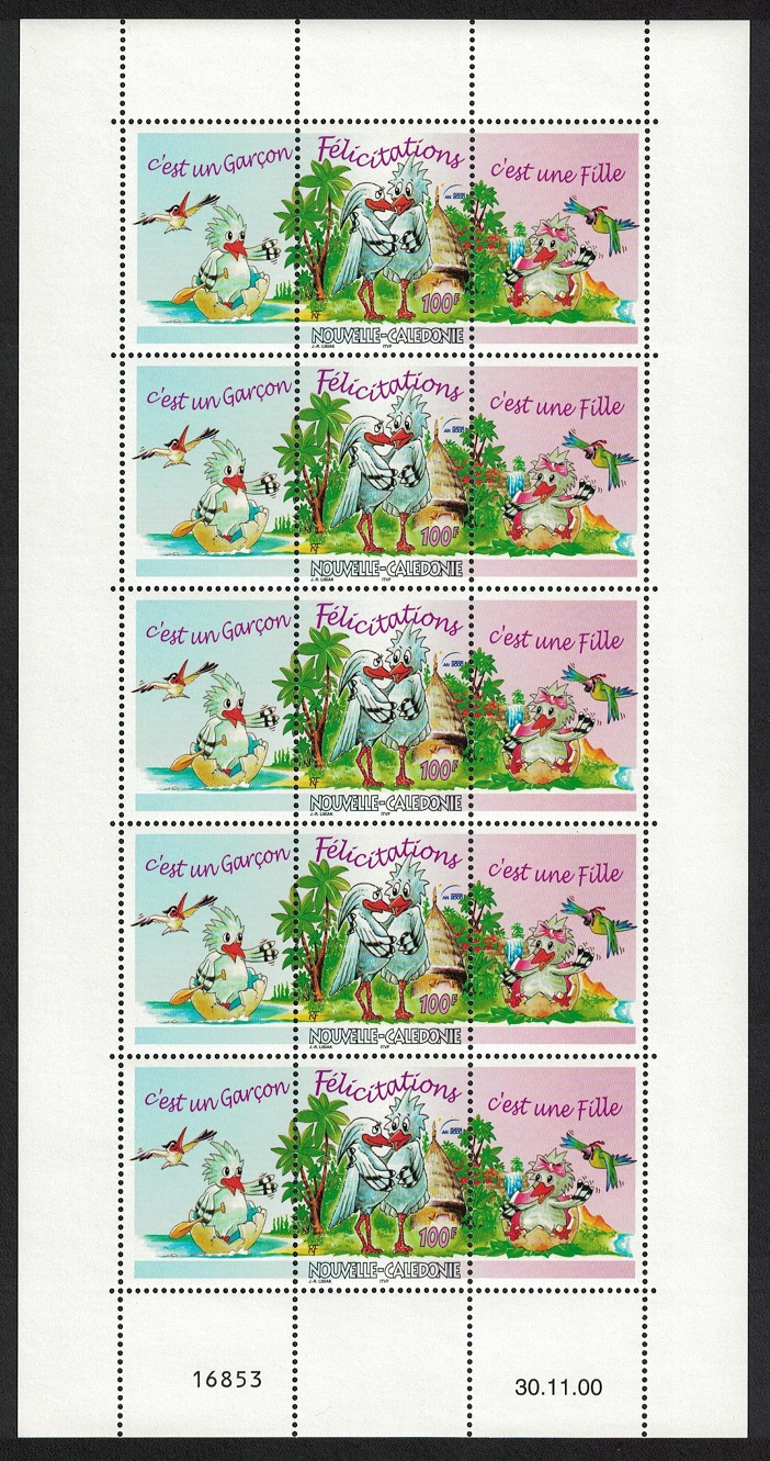 New Caledonia Kagu Birds Greetings Stamps Sheetlet of 15v 2000 MNH SG#1222 MI#1126KB