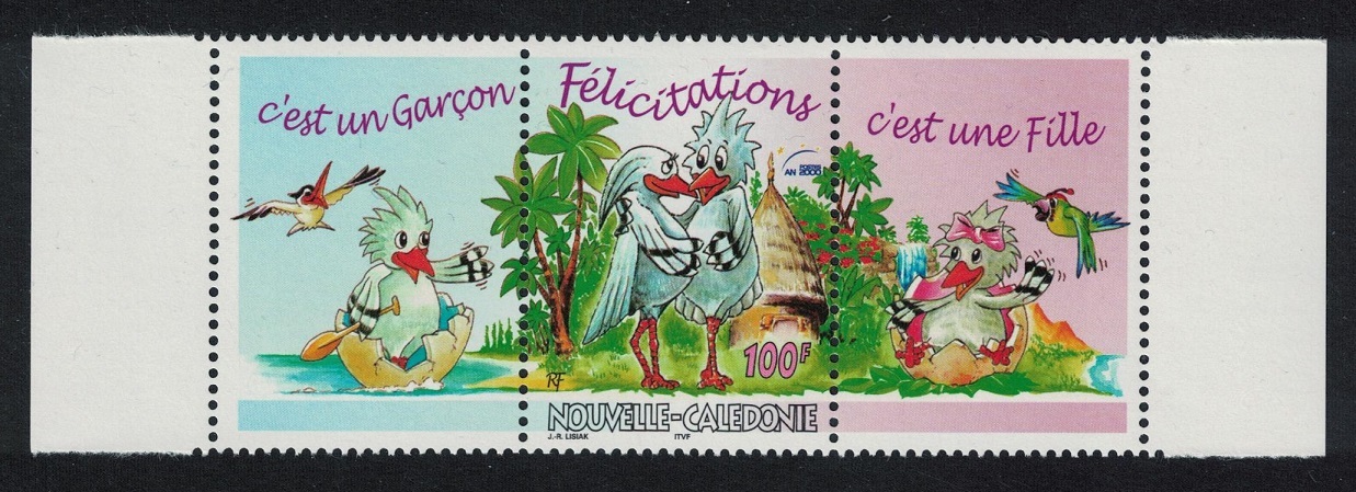 New Caledonia Kagu Birds Greetings Stamp 100f + 2 labels 2000 MNH SG#1222 MI#1126