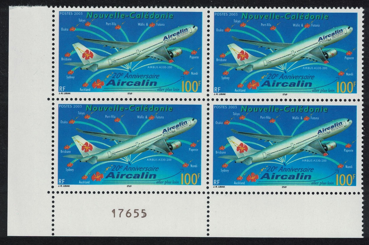 New Caledonia Airbus 320 Aircraft Corner Block of 4 Number 2003 MNH SG#1302 MI#1304