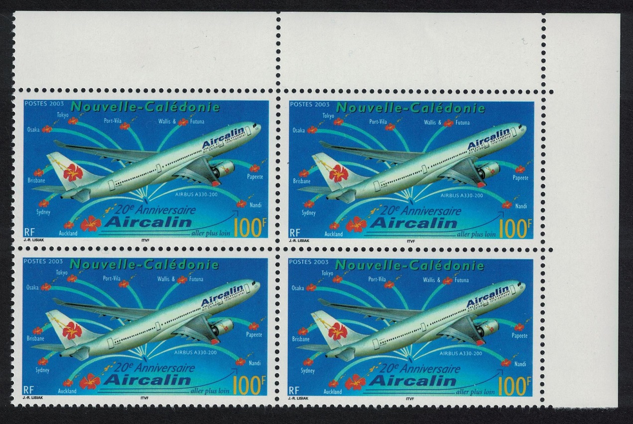 New Caledonia Airbus 320 Aircraft Aircalin Airline Corner Block of 4 2003 MNH SG#1302 MI#1304