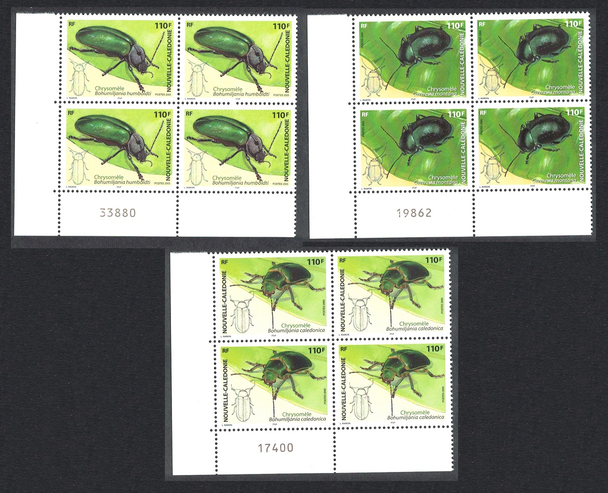 New Caledonia Leaf Beetles Insects 3v Corner Blocks of 4 Control Number 2005 MNH SG#1366-1368