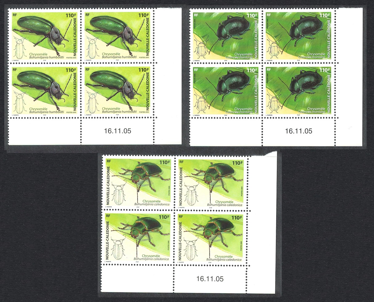 New Caledonia Leaf Beetles Insects 3v Corner Blocks of 4 Date 2005 MNH SG#1366-1368