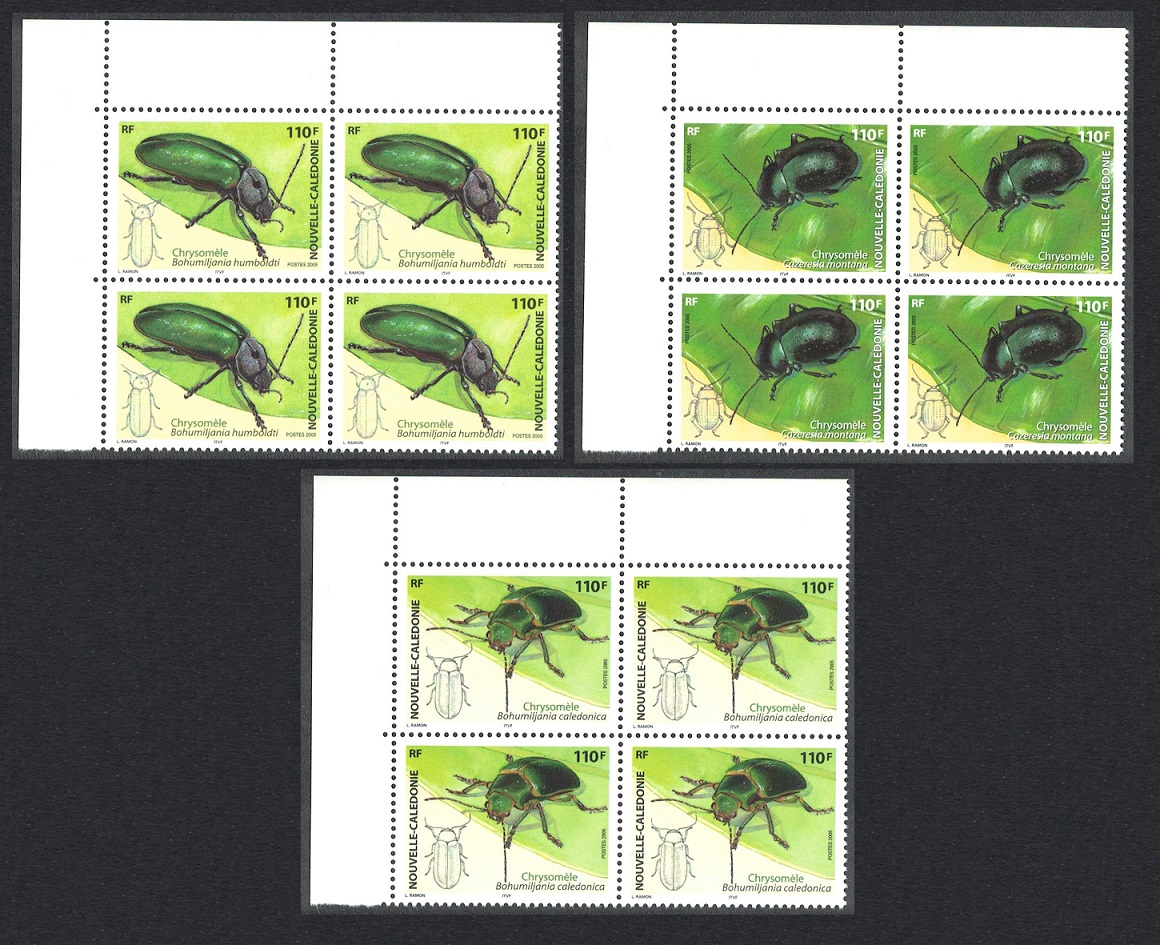 New Caledonia Leaf Beetles Chrysomelidae Insects 3v Corner Blocks of 4 2005 MNH SG#1366-1368