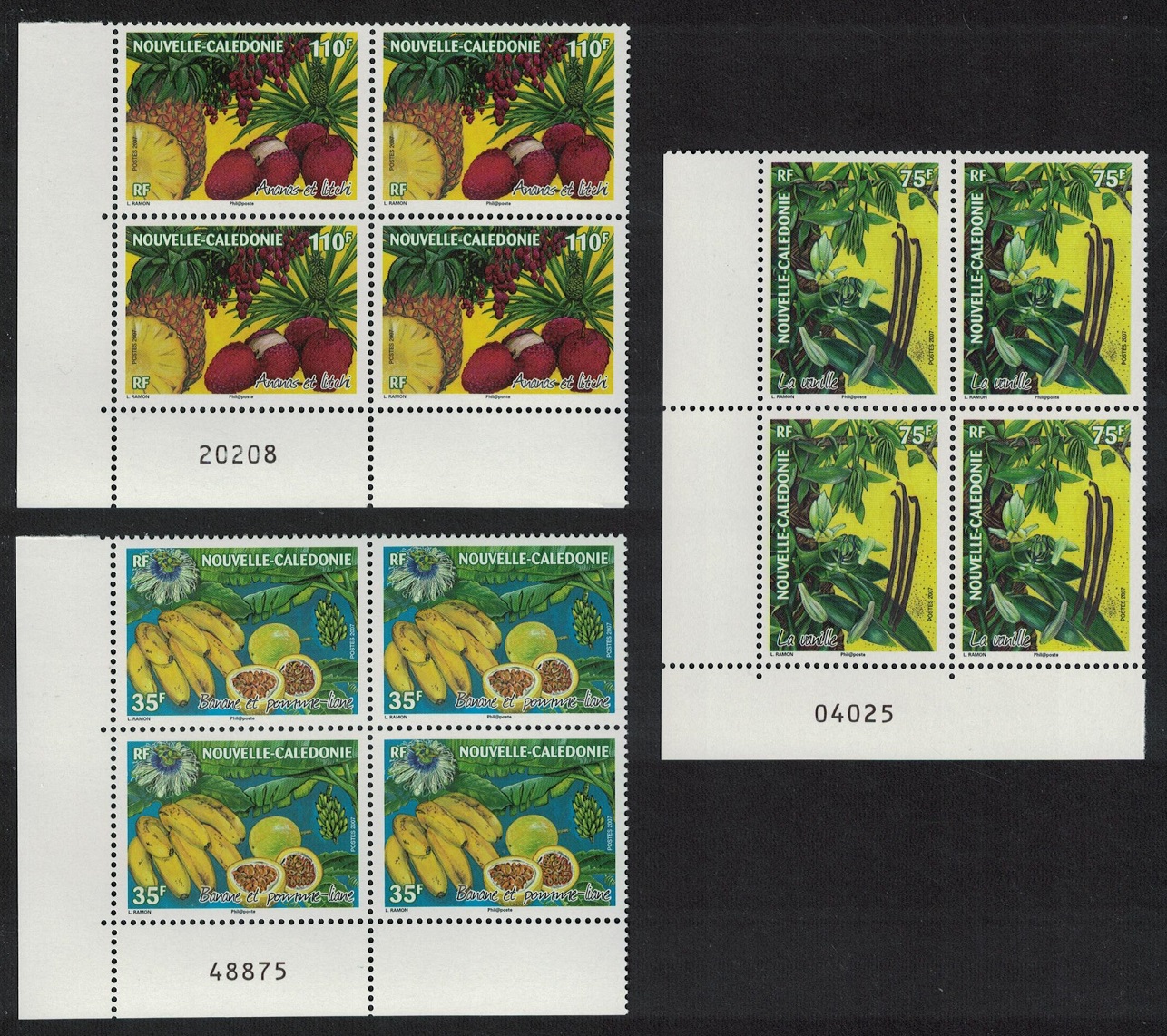 New Caledonia Bananas Fruits Corner Blocks of 4 Control Numbers 2007 MNH SG#1426-1428 MI#1446-1448