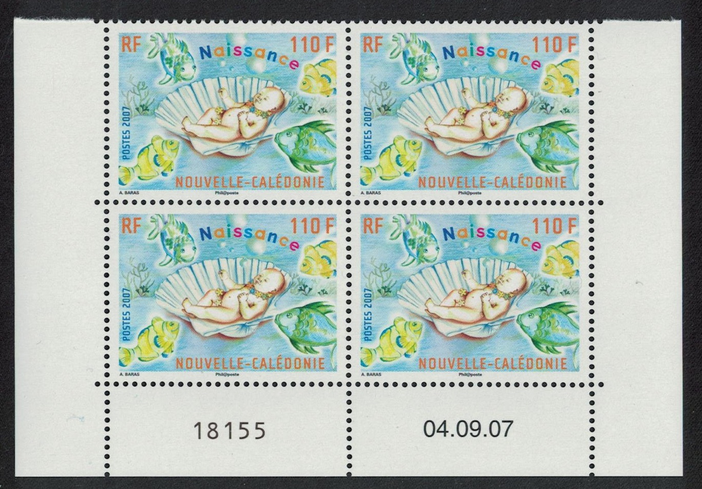 New Caledonia Fish Baby in Seashell Block of 4 Date Number 2007 MNH SG#1432 MI#1450