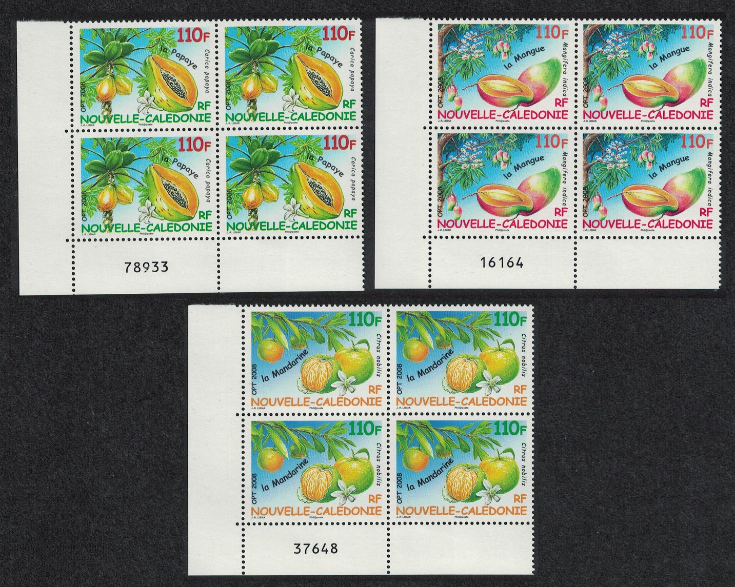 New Caledonia Mango Papaya Fruit 3v Corner Blocks of 4 Control 2008 MNH SG#1440-1442 MI#1458-1460